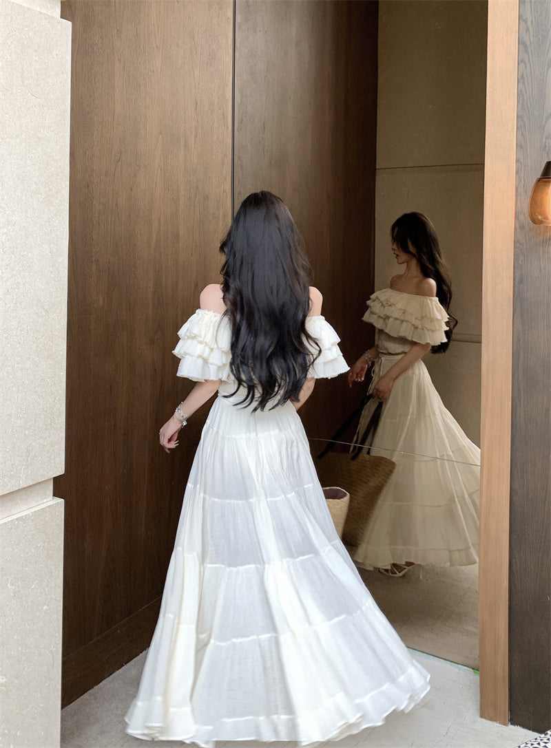 Summer beautiful one-shoulder short top a-line skirt beautiful two-piece suit R0853