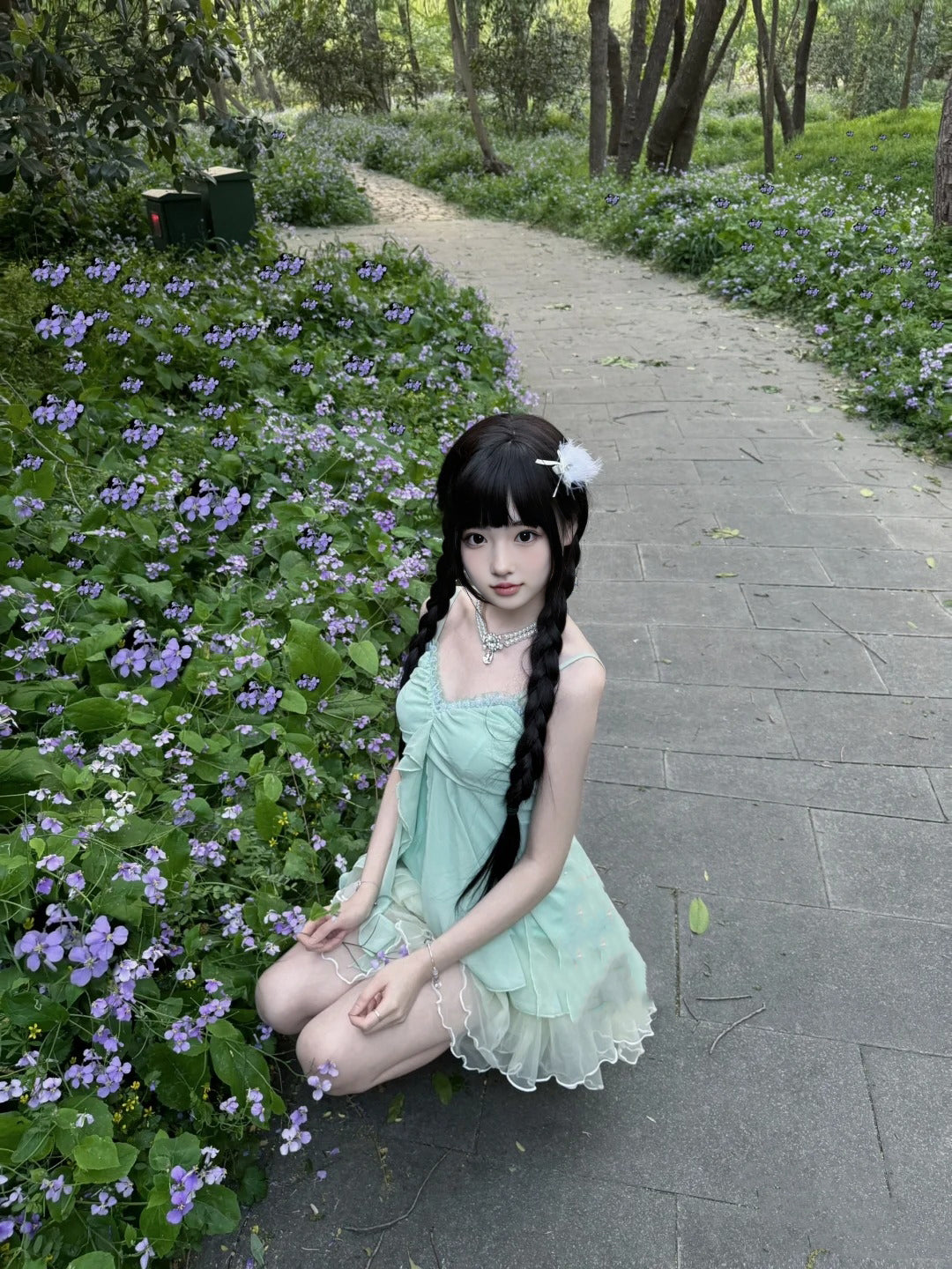 Summer beautiful suit green suspender top a-line skirt two-piece suit 2025 R0851