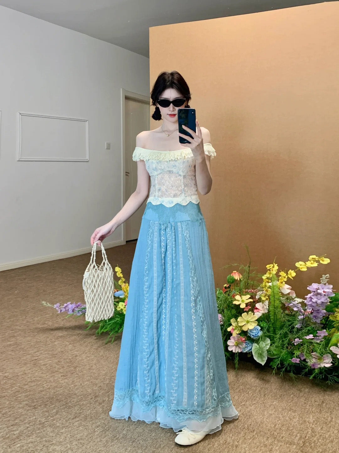 Summer gentle temperament vacation one shoulder top a line skirt two piece set R0852