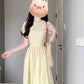 Holiday gentle style yellow jacquard puff sleeve dress unique beautiful waist temperament long skirt R0447
