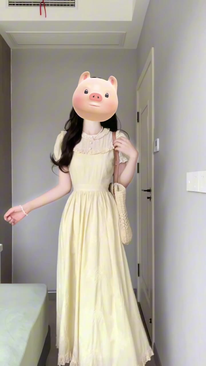 Holiday gentle style yellow jacquard puff sleeve dress unique beautiful waist temperament long skirt R0447