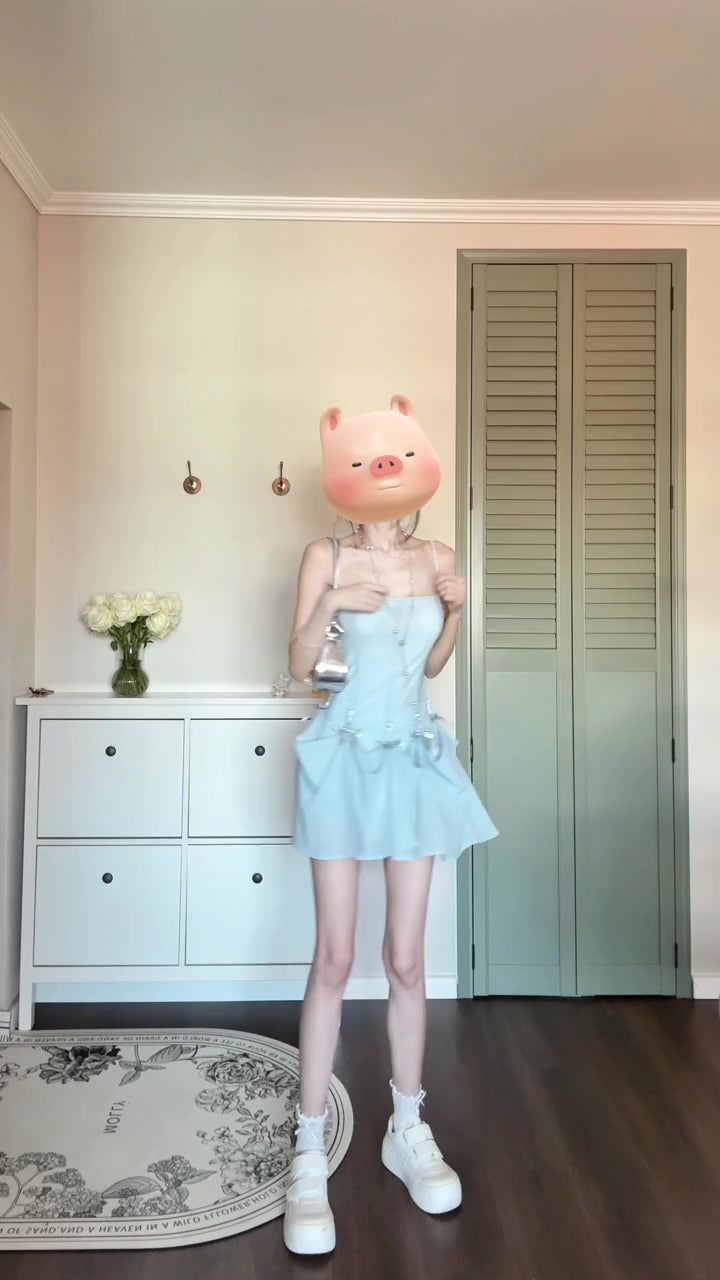 One dress for multiple wears, holiday style blue bow suspender dress, gentle temperament, beautiful long dress R0446