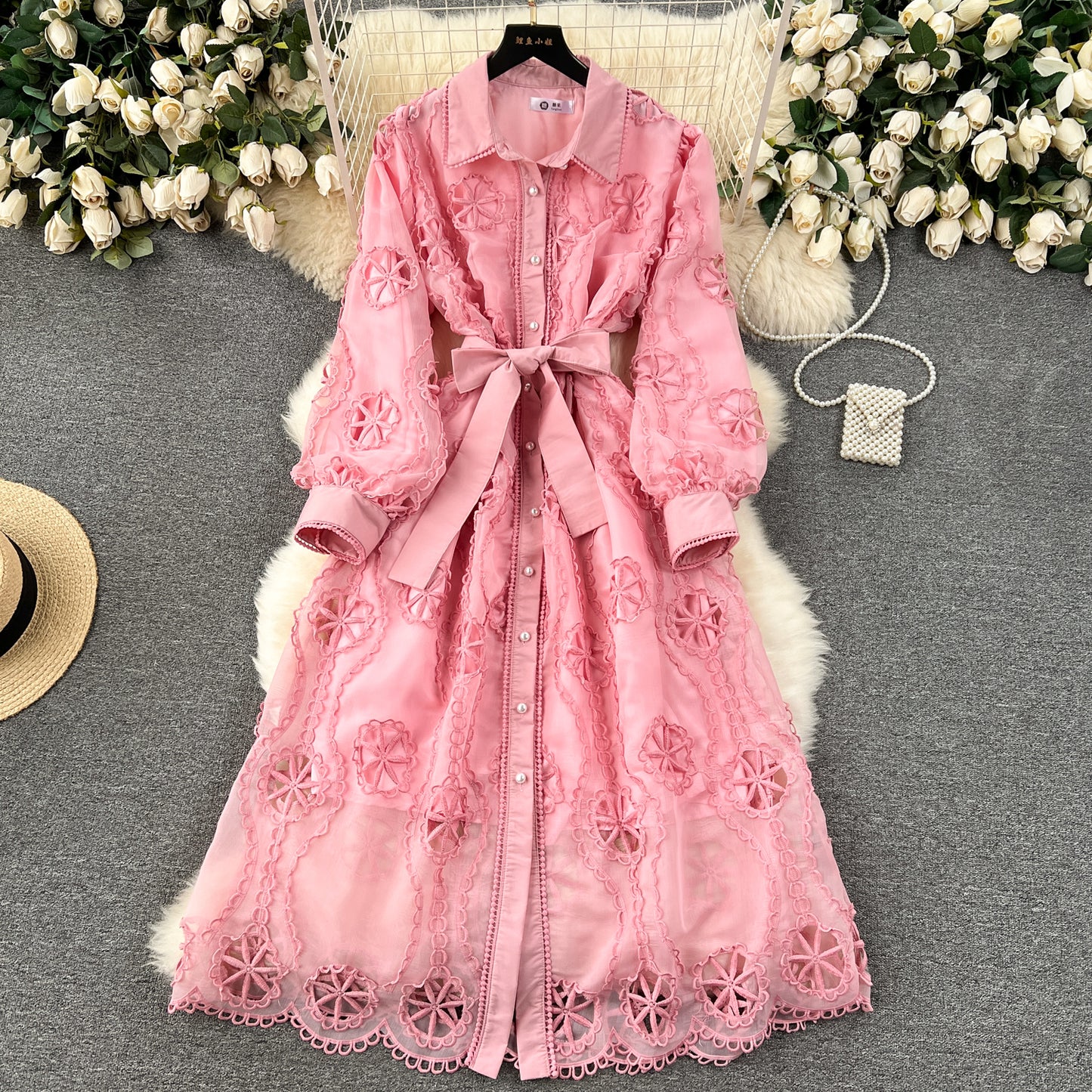 Palace style dress 2025 new embroidery hollow flower slim fit medium long dress R2155