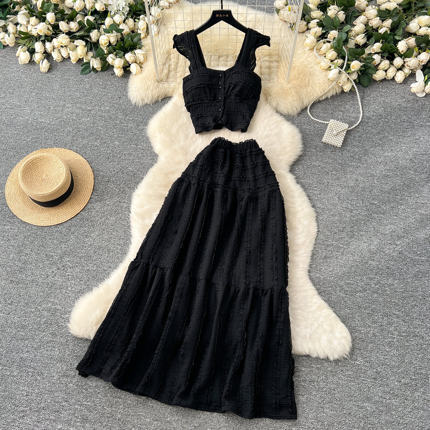 Gentle outfit holiday style short small flying sleeve suspender top high waist pleated skirt suit R2158