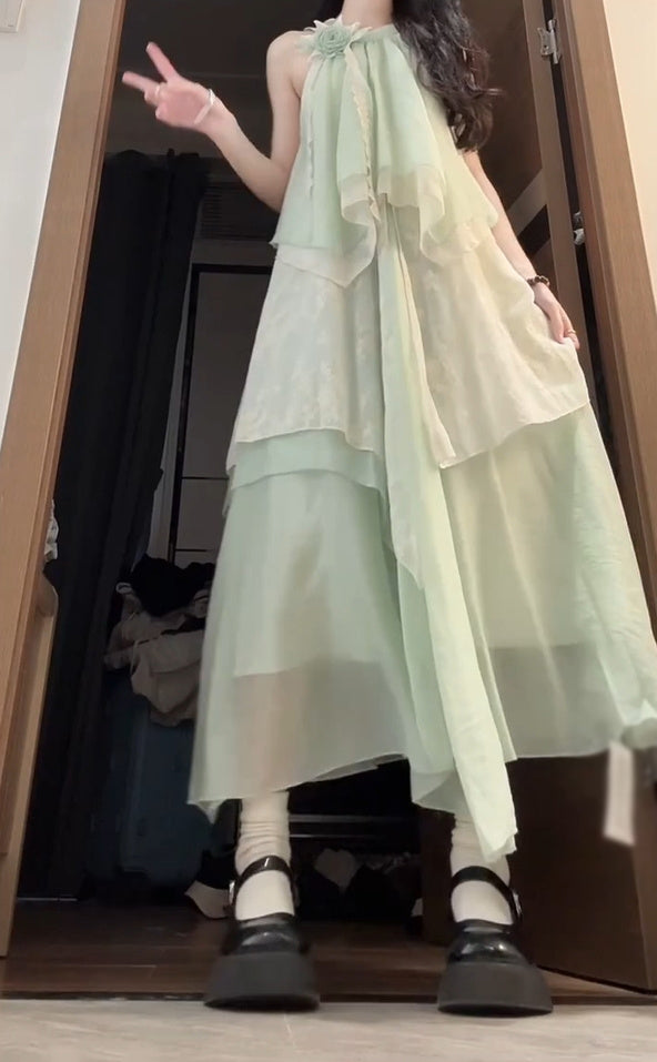 Mint green halter neck dress irregular beautiful loose beach dress R0665
