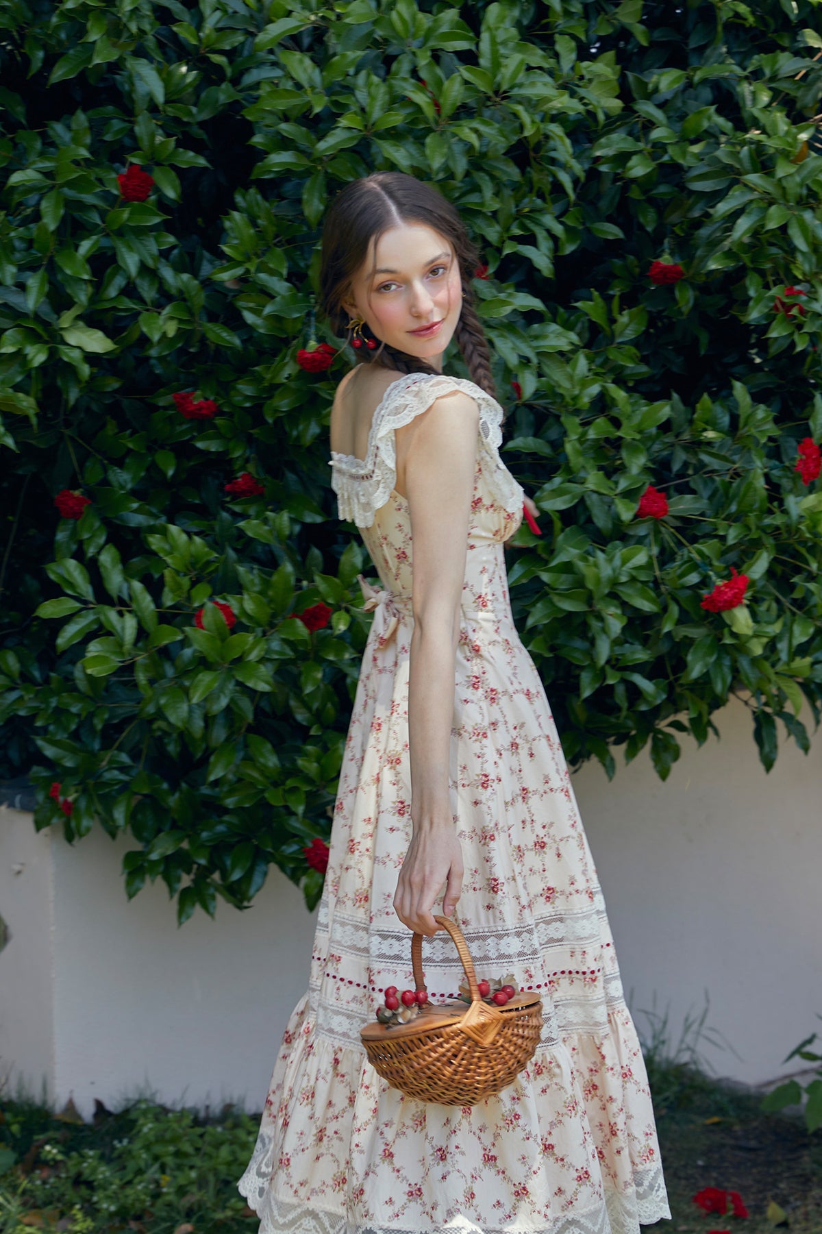 French cotton pastoral lace print dress fishbone skirt square neck women R5071