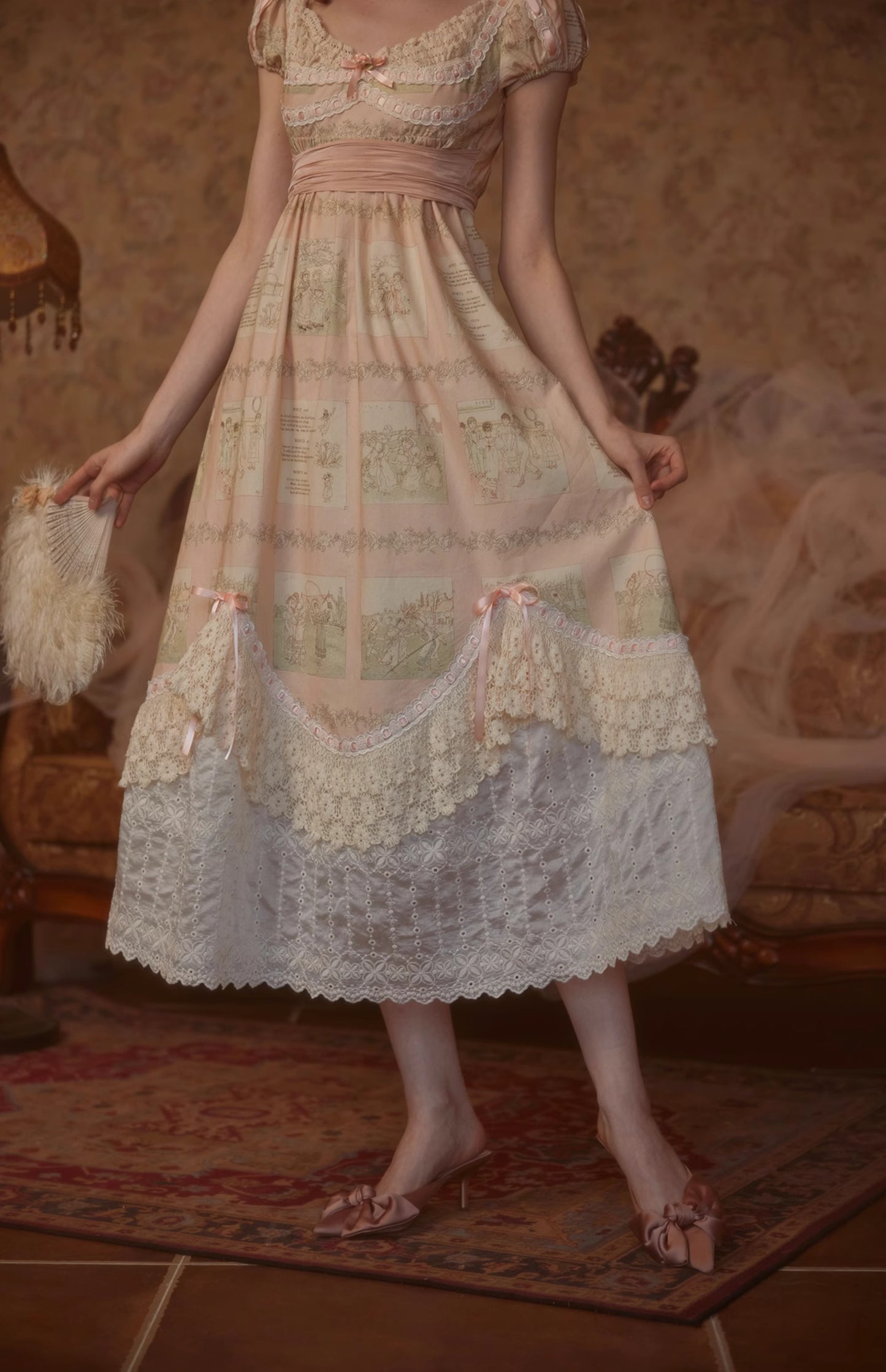 French court style empire dress printed lace dress cotton R5072