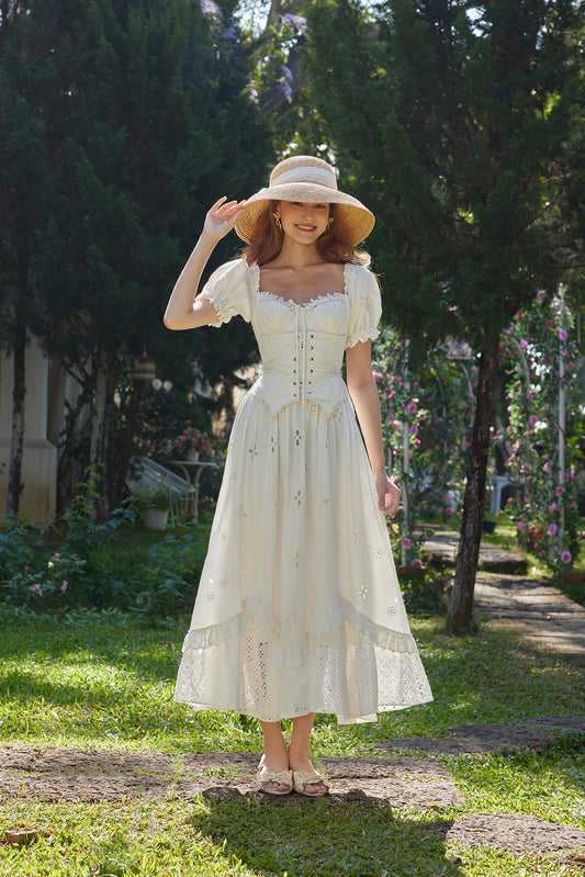 First Love Little White Dress Retro Pastoral Waist Belt Fake Two-Piece Fishbone Dress R5069