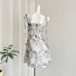 Holiday style floral suspender dress with flared neckline R1982
