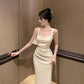Square neck suspender dress with elegant waist, slim fit and hip-hugging high-end skirt R1453