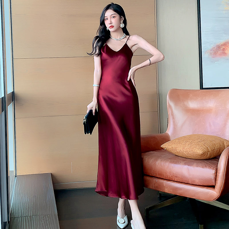 High-grade drape silk satin V-neck suspender dress mid-length temperament skirt R0997