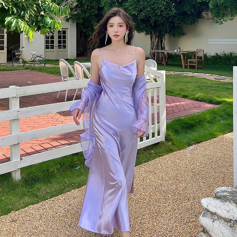 Satin dress with a swaying collar, high-end niche sexy suspender dress, purple inner long skirt R0998