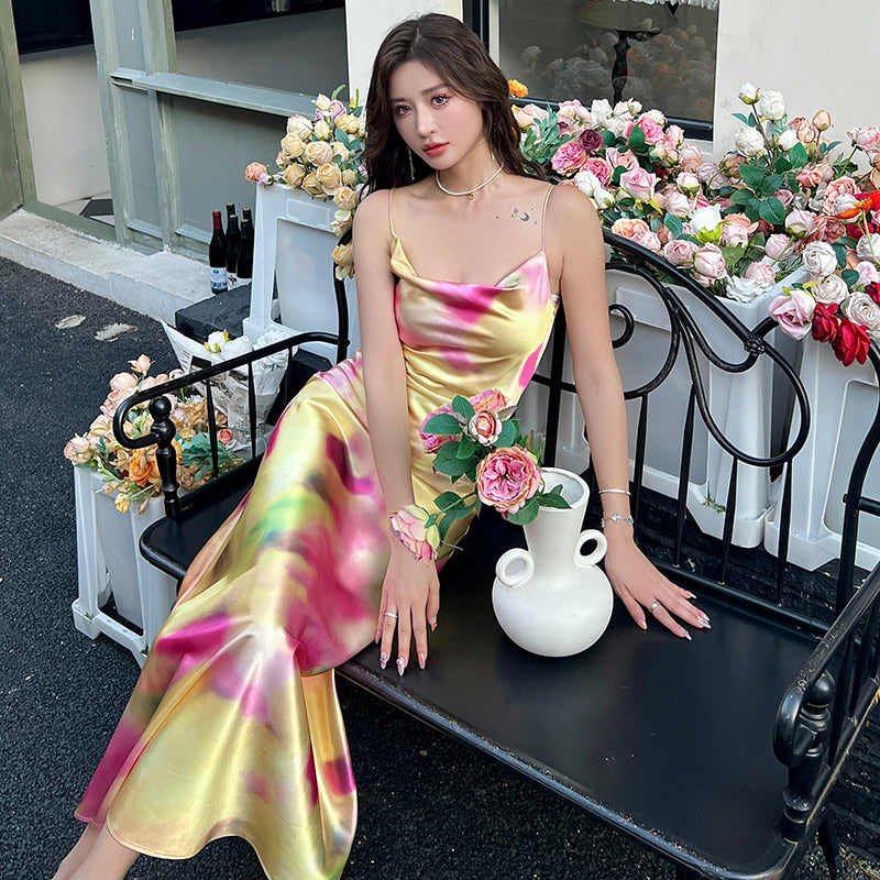 Noble temperament printed suspender dress 2025 new acetate satin long skirt R0999