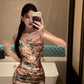 Retro floral suspender dress beautiful waist hip skirt R0657