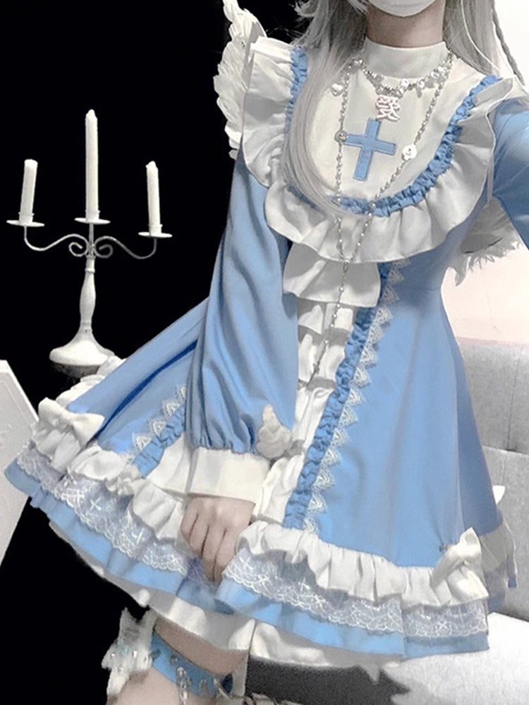 Gothic style decoration female lolita blue and white dress female cute daily dress OP princess dress R1678