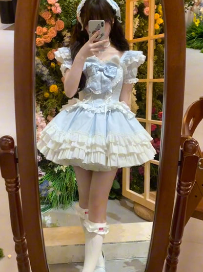 Sweet design sweetheart lolita dress bride bow waist slim flying sleeves puffy princess dress R1680