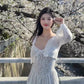 Gentle white moonlight suspender dress beautiful waist A-line long skirt R0718