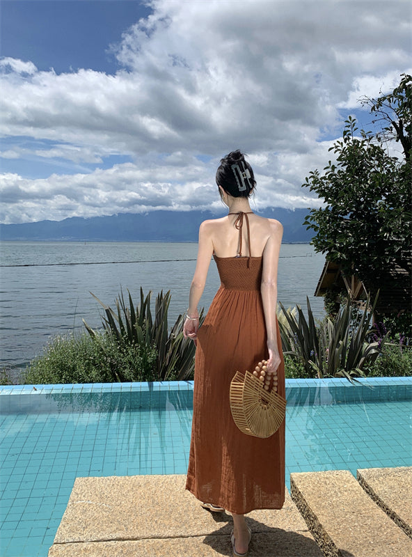 Travel wear retro beaded halter neck knitted dress seaside holiday beach dress R1593