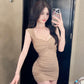 Sexy mesh pleated dress summer new style slim fit temperament hip sleeveless short skirt R3712