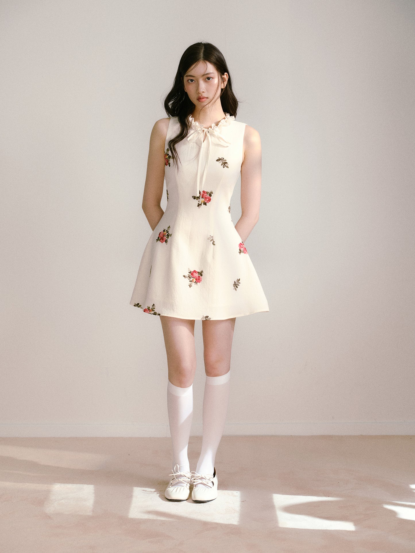 Beige 3D Flower Embroidered Sleeveless Dress with Lace-up Ruffles and Slim Waist Vest Dress R5135