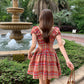 Tea break French retro slim temperament red plaid dress new V-neck puff sleeve princess dress R0171