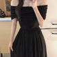 Black one-shoulder dress 2025 new style high-end temperament off-shoulder waist long dress R0128