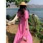 Retro lace heavy long French embroidery hollow V-neck puff sleeve loose fishtail dress R0180