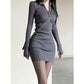 Sexy hot girl style lapel long-sleeved knitted dress 2025 new style inner base hip skirt short style R0146
