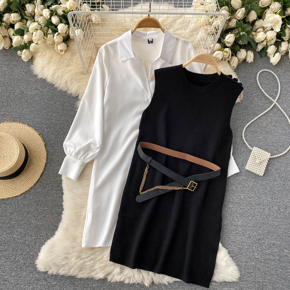 French style small white shirt dress knitted vest vest dress layered waist two-piece suit R2332