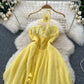 Holiday dress hollow chest-revealing halter neck suspender three-dimensional flower long dress R2336