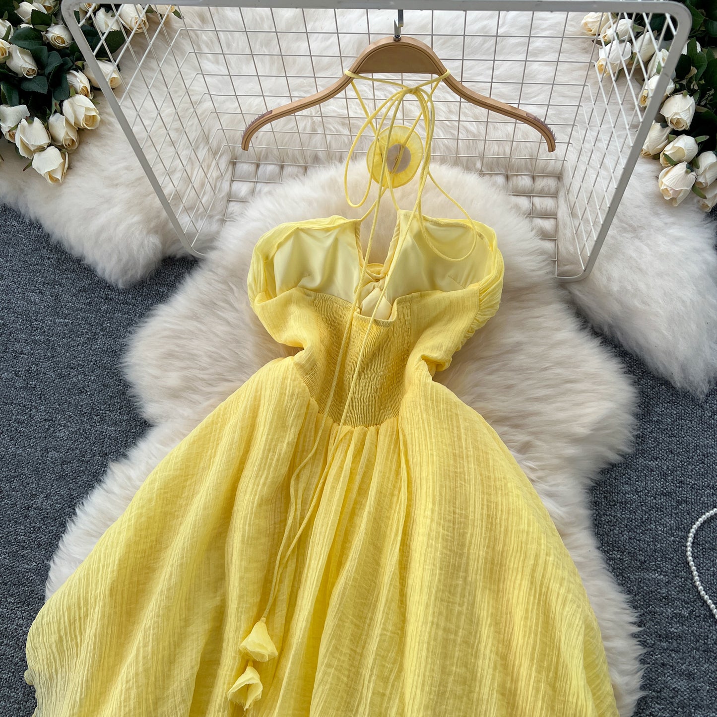 Holiday dress hollow chest-revealing halter neck suspender three-dimensional flower long dress R2336