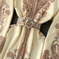 New ethnic style stand-up collar trumpet sleeves printed dress waist knee-length skirt R2334