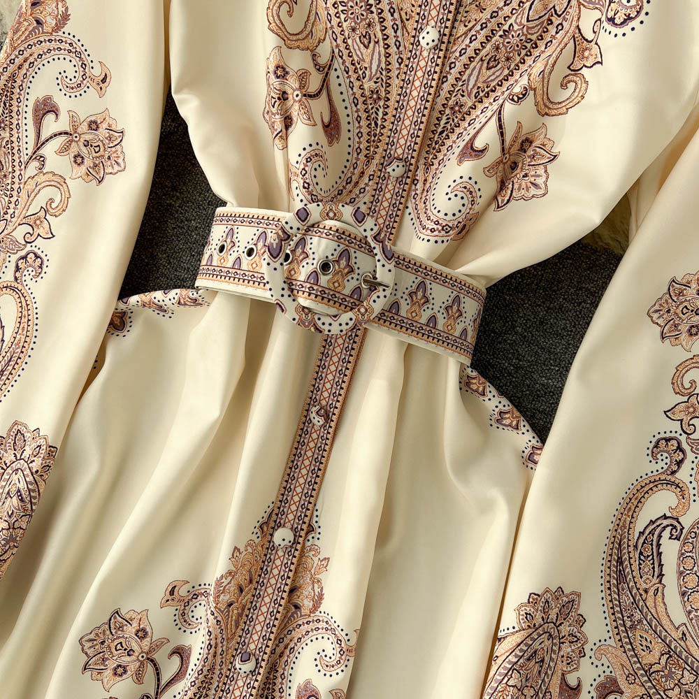 New ethnic style stand-up collar trumpet sleeves printed dress waist knee-length skirt R2334