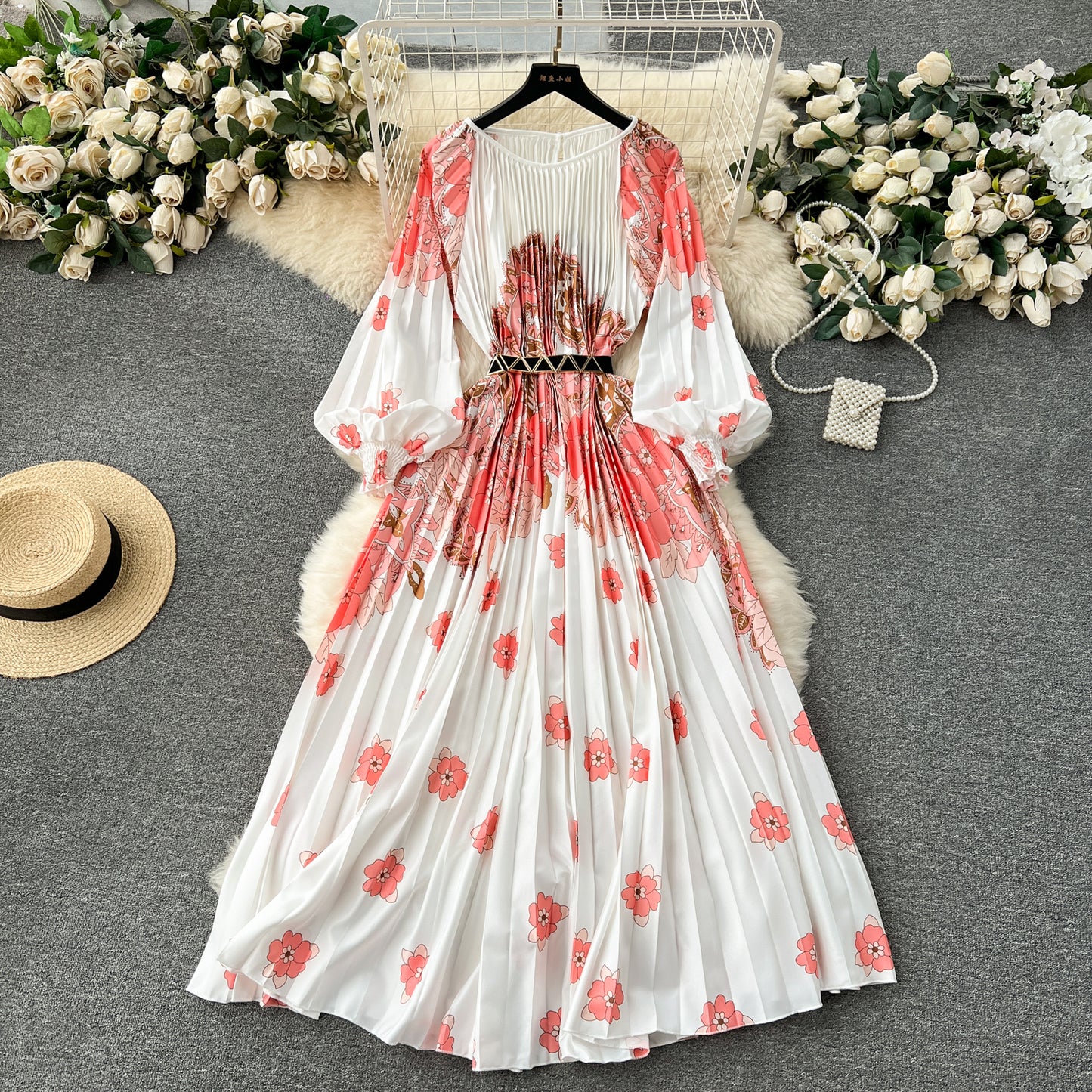 European and American style 2025 new dress printed pleated pleated waist tie holiday long skirt R2337