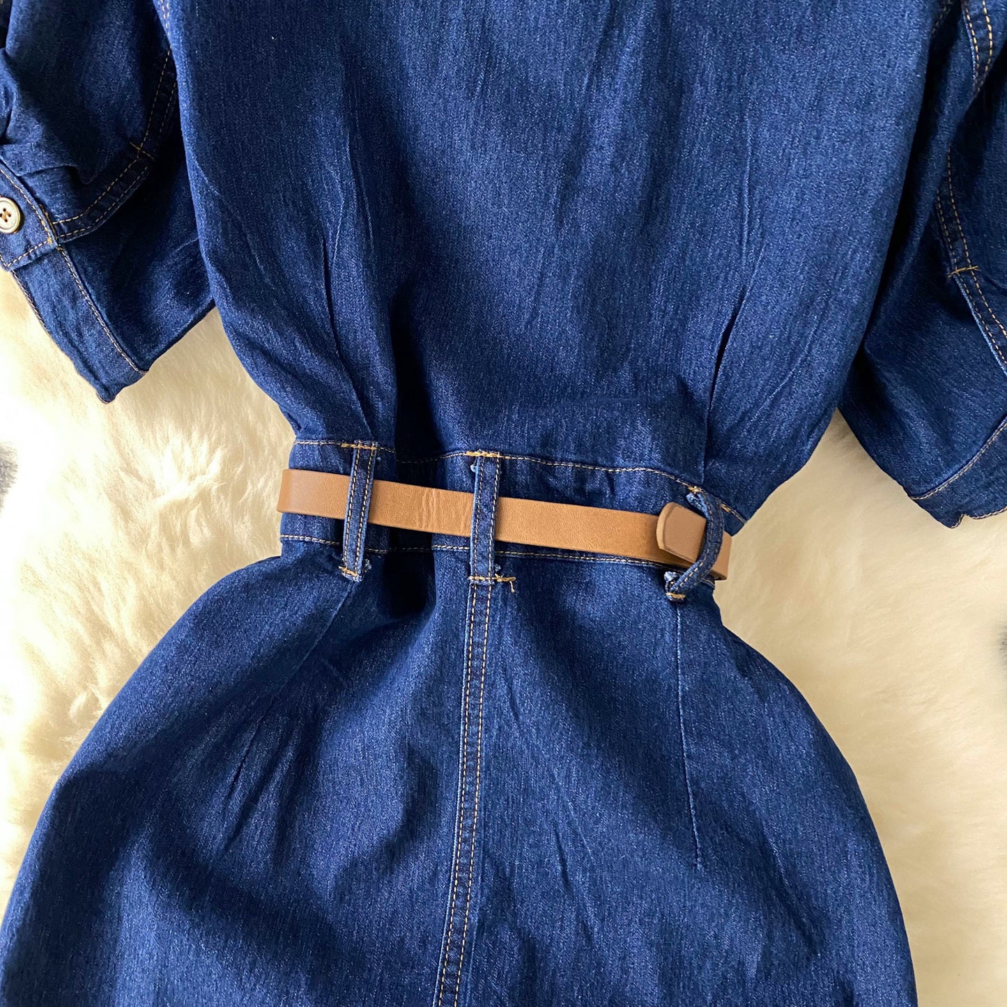 Light luxury high-end Polo collar denim dress split waist belt design niche long skirt R2333