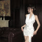 Acetate satin sexy backless halter neck white dress design slim fit temperament hip skirt R1771