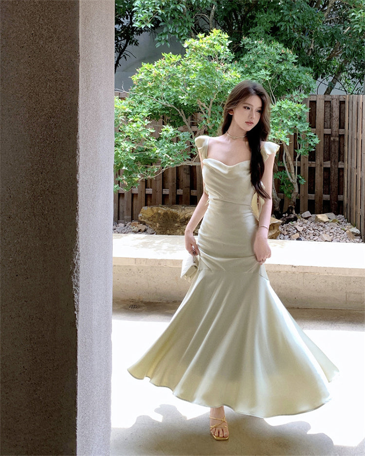 French satin sling collar fishtail suspender dress slim fit temperament dress long skirt R1805