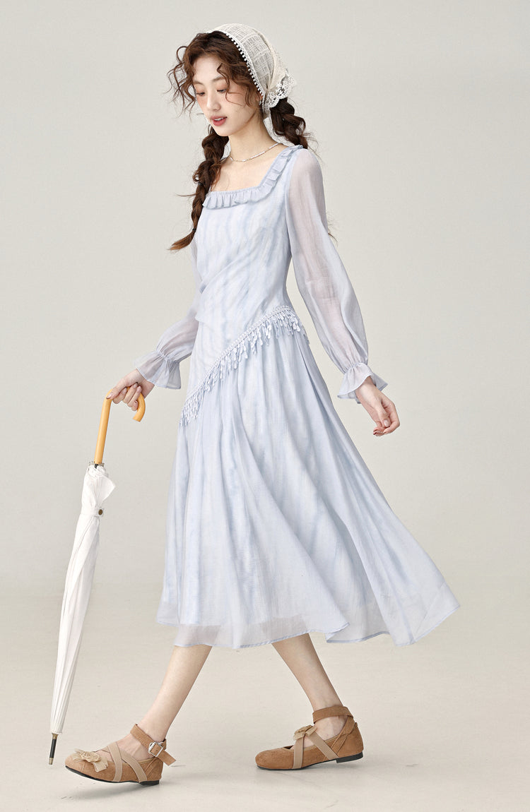 Gentle style irregular blue long-sleeved dress women's beautiful skirt R1978