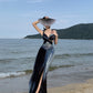 Holiday halter dress with open back for seaside travel wear beach skirt atmosphere R1569