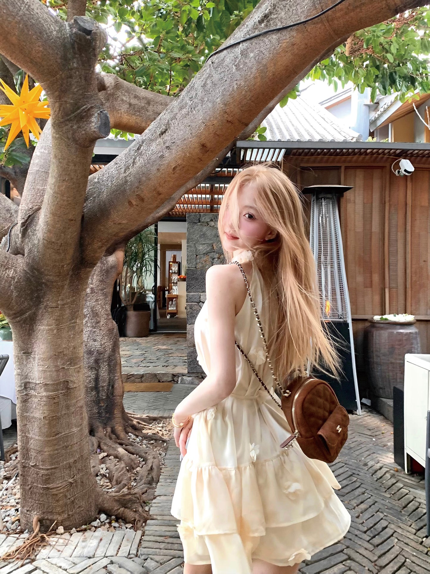 Cream Yellow Halter Neck Dress Summer French Tulle Short Skirt Babydoll Skirt R3833