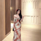 Retro tube top floral dress beautiful waist slim hip skirt R0573