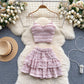 Sweet lace camisole sexy short ruffle skirt holiday two piece suit R2134