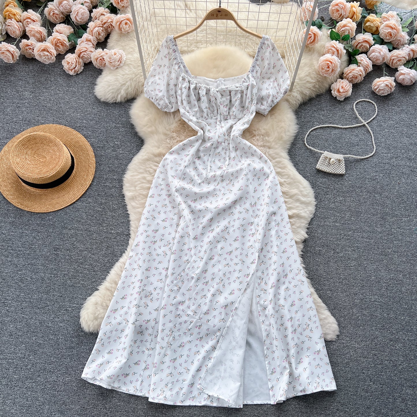 French pure desire high-grade floral dress slim temperament super fairy slit long skirt R2144