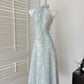 French sweet green sleeveless halter neck floral dress 2025 new atmosphere long dress R2123