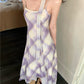Gentle temperament purple plaid suspender dress beautiful waist A-line long skirt R0734