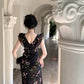 Holiday design small flying sleeves black floral dress slim fit temperament hip long skirt R1785