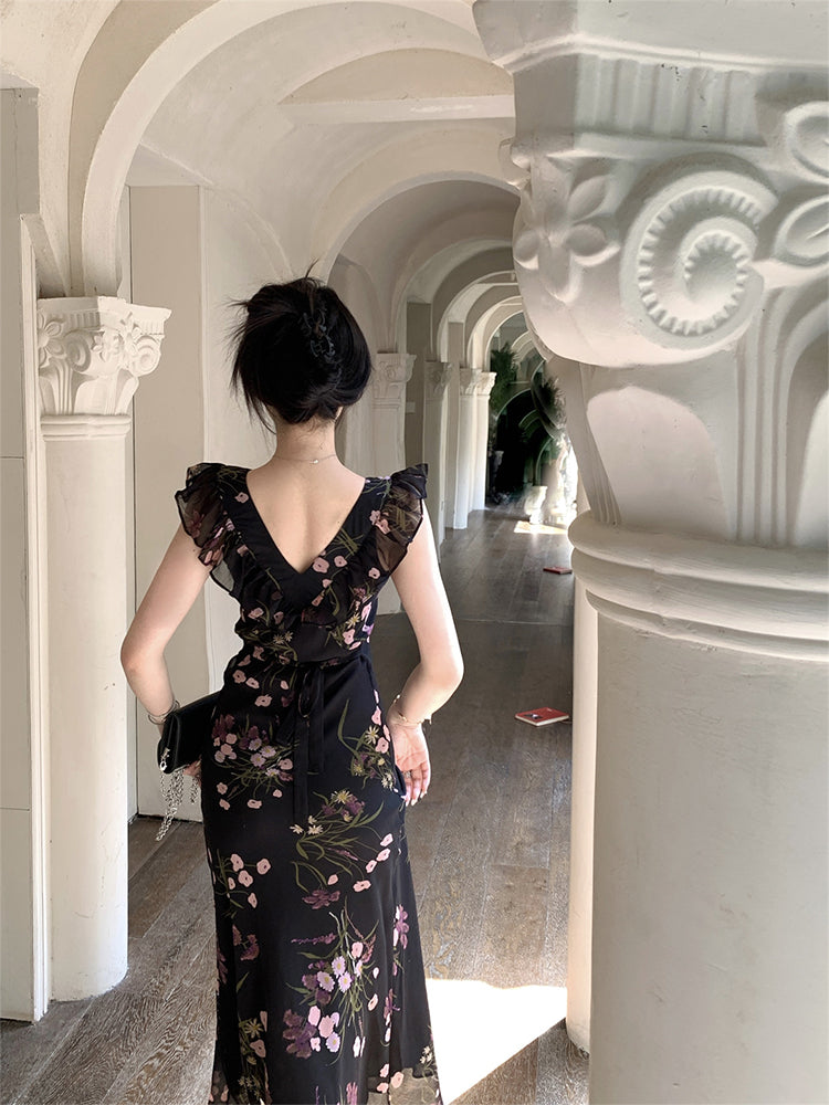 Holiday design small flying sleeves black floral dress slim fit temperament hip long skirt R1785