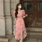 Tea break French seaside vacation chiffon floral dress 2025 new waist slit irregular long skirt R0104