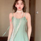 Green suspender dress holiday waist a-line short skirt beautiful skirt R0899