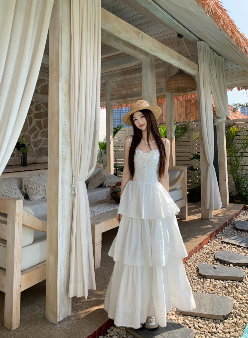 Beautiful little skirt lace splicing cake sling long dress R0778